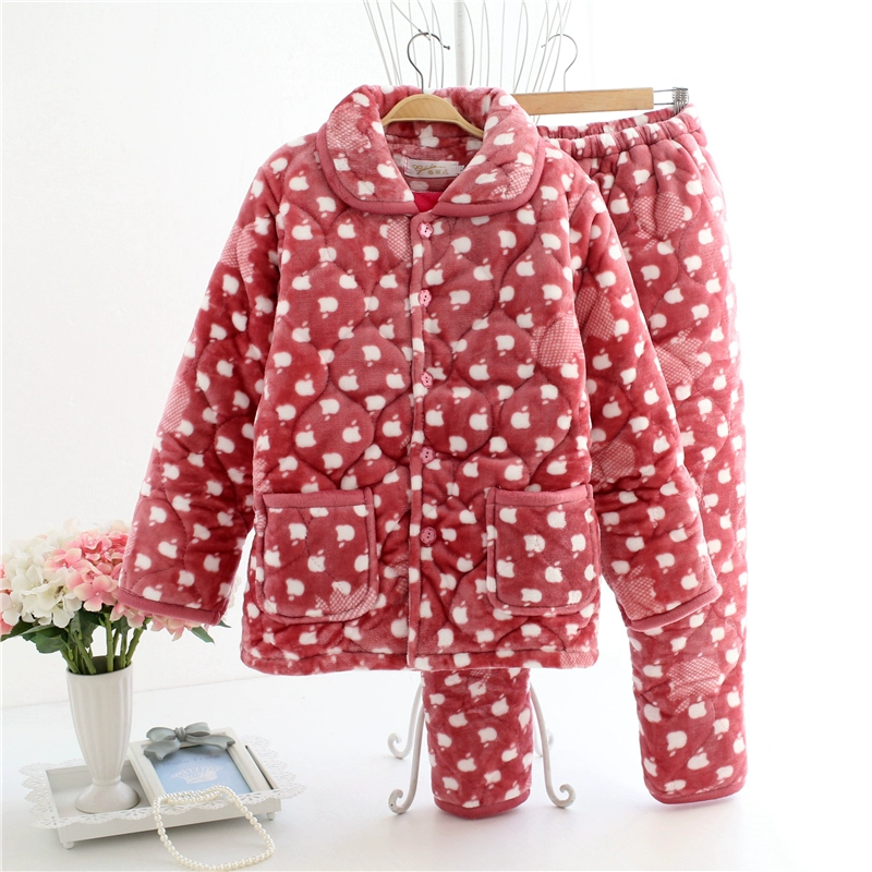 Mùa đông trung niên đồ ngủ quilted phụ nữ flannel ba lớp dày XL áo khoác mùa đông cotton áo khoác dịch vụ nhà bộ mặc nhà