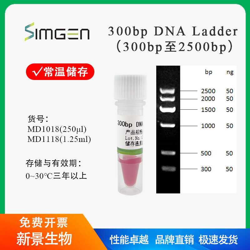 Simgen 300bp DNA Marker(300-2500bp)核酸分子量标准 电泳试剂