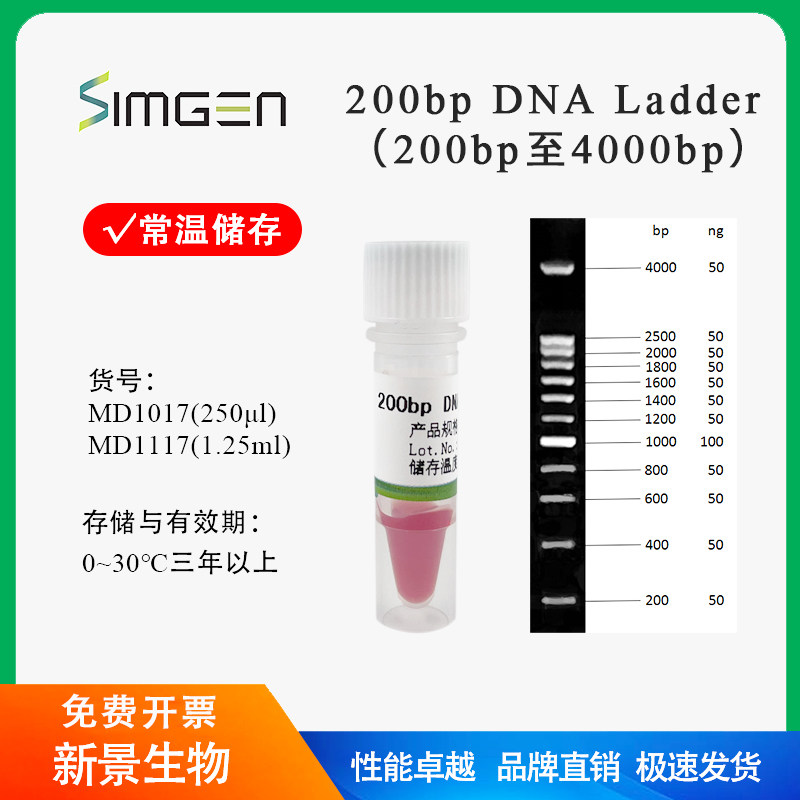 200bp DNA Ladder/Marker 200-4000bp 核酸分子量标准 电泳试剂