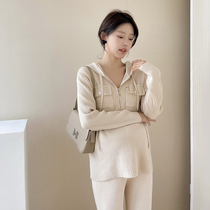 2021 FASHION NEW PREGNANCY WOMAN DRESS EARLY AUTUMN SUIT WITH CAP SWEATER SWEATSHIRT LOOSE STRAIGHT BARREL BROADLEGGED PANTS TWO-PIECE SET