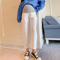 Pregnancy Mother White Jeans Spring Autumn Money Loose Korean version Chauma Outside Wearing Grandma Pants Adjustable Tobellied Pants Straight Drum Pants