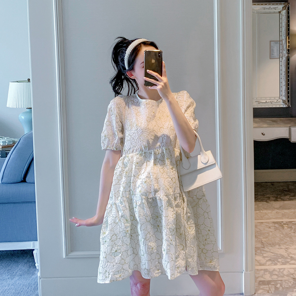 2021 maternity dress summer dress doll dress new fashion loose Korean version floral dress medium and long version net red skirt