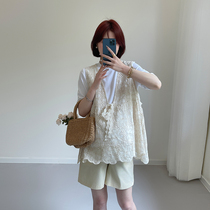 Maternity wear versatile Japanese heavy embroidery waist hollow loose lace vest womens inner layer pure cotton T two-piece set