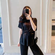 Maternity suit summer out fashion 2021 new loose Korean version of the net red ice silk knitted large size two-piece set