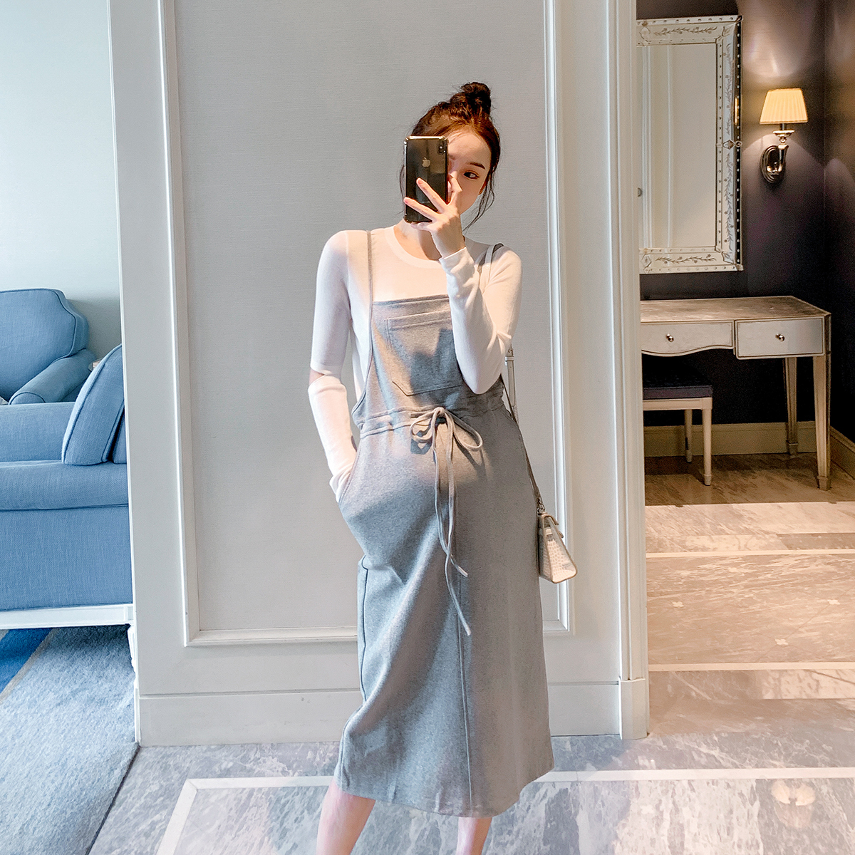 Maternity autumn suit long sleeves strap skirt two-piece set of solid color base top casual fashion mid-length skirt trend