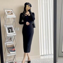 Pregnant women Autumn New 2021 fashion Korean version of elastic design feel Joker wool knitted undercover dress