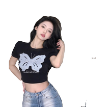 Black short sleeve t-shirt female summer style 2024 new design sensation small crowdwaist sashimi shorty blouse hot girl wearing a hitch