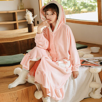 Coral velvet pajamas womens autumn and winter thick long robes womens winter bathrobe Korean version can wear sweet and lovely home clothes