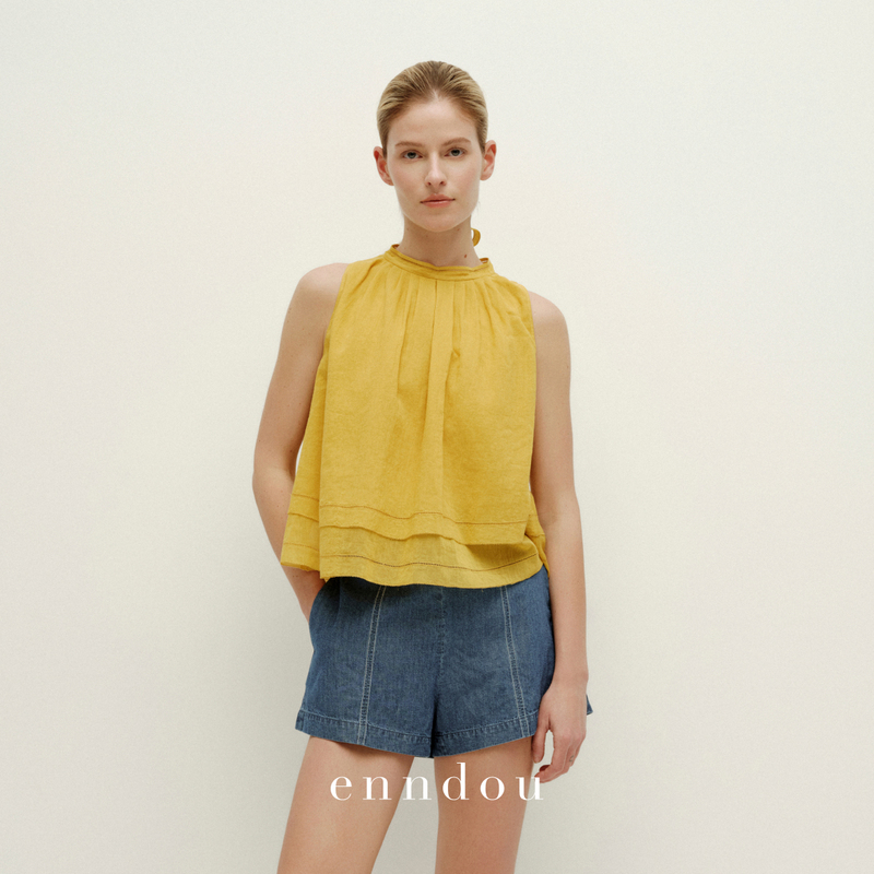Enndou Summer New Sleeveless Vest Pure Cotton Lace-Up Top Solid Color Woven Long-Staple Cotton Goose Yellow Vest