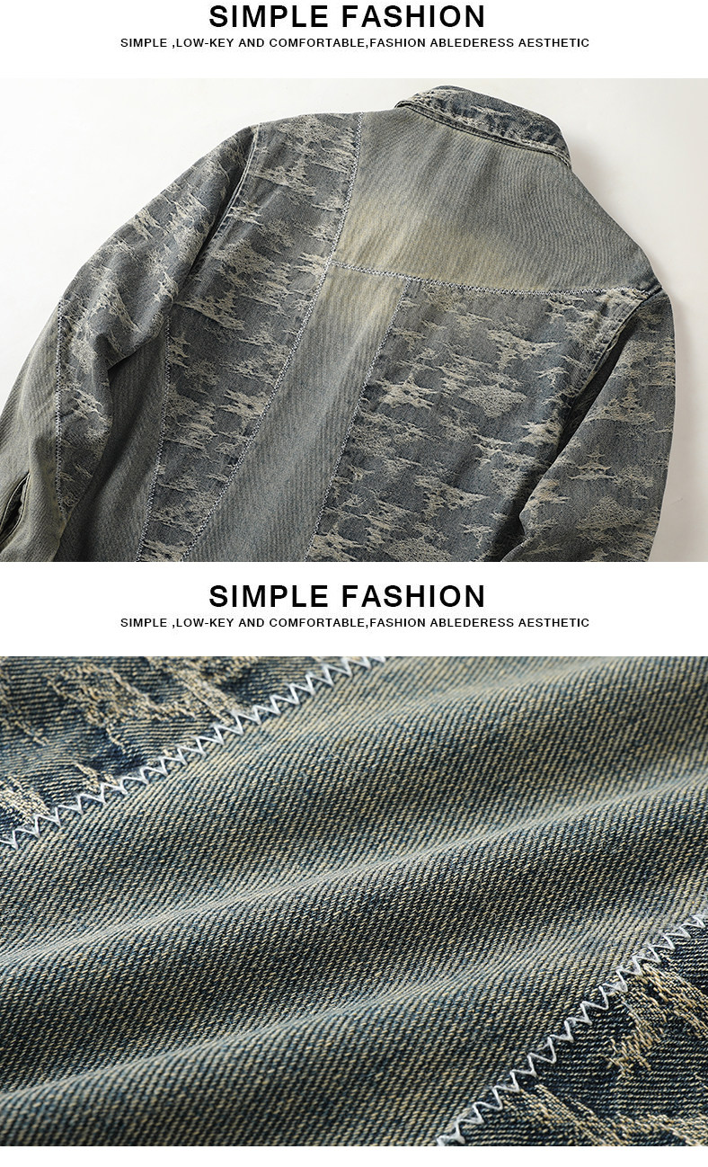 Джинсовая рубашка 牛仔衬衫男士2025秋冬新款高端提花复古水洗翻领休闲长袖衬衣外套