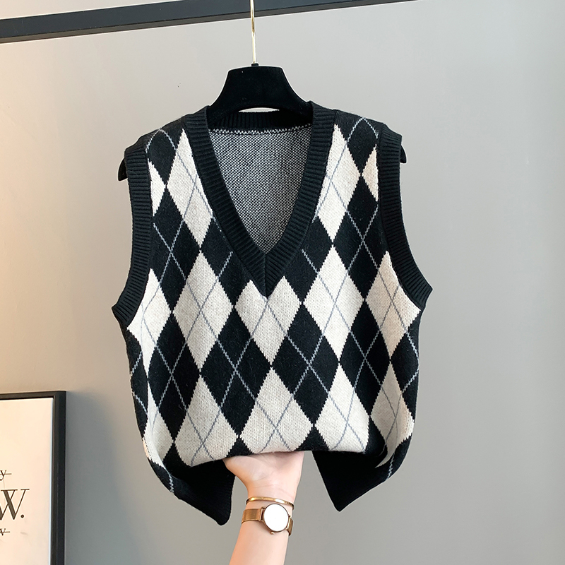 Academy Style Knitted Vest for Women 2026 Spring and Autumn New Loose Layered Diamond-Patterned Sweater Vest for Winter Outerwear