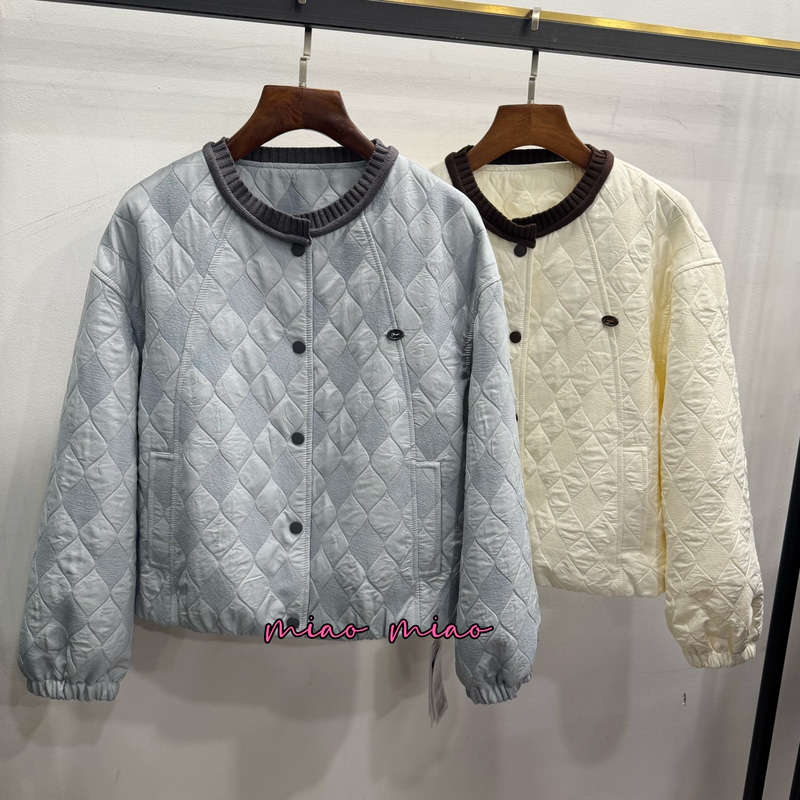 Fashionable Casual Knitted Color-Blocked Round Neck Ribbed Diamond Pattern Loose Top Jacket for Women, Same Style as in Shopping Malls