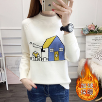 2021 new female big child slim semi-turtleneck plus fluff line dress female middle school and high school students autumn and winter knitted sweater