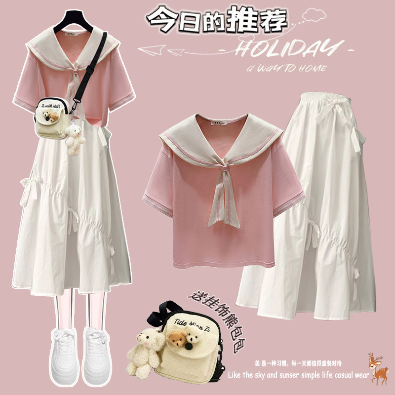 College Style Short-Sleeved T-Shirt for Women, Summer 2026 New Style, Big Children's Fashion Suit Skirt, Slimming Top for Middle and High School Students