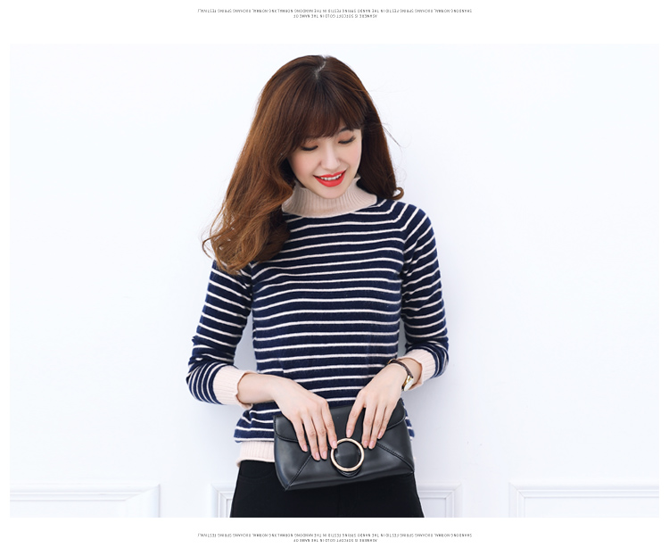 2017 mùa thu và mùa đông mới của phụ nữ áo len cashmere sọc nửa cổ cao áo thun dày ngắn Slim áo len đan đáy - Áo / áo thun thời trang nữ 2021