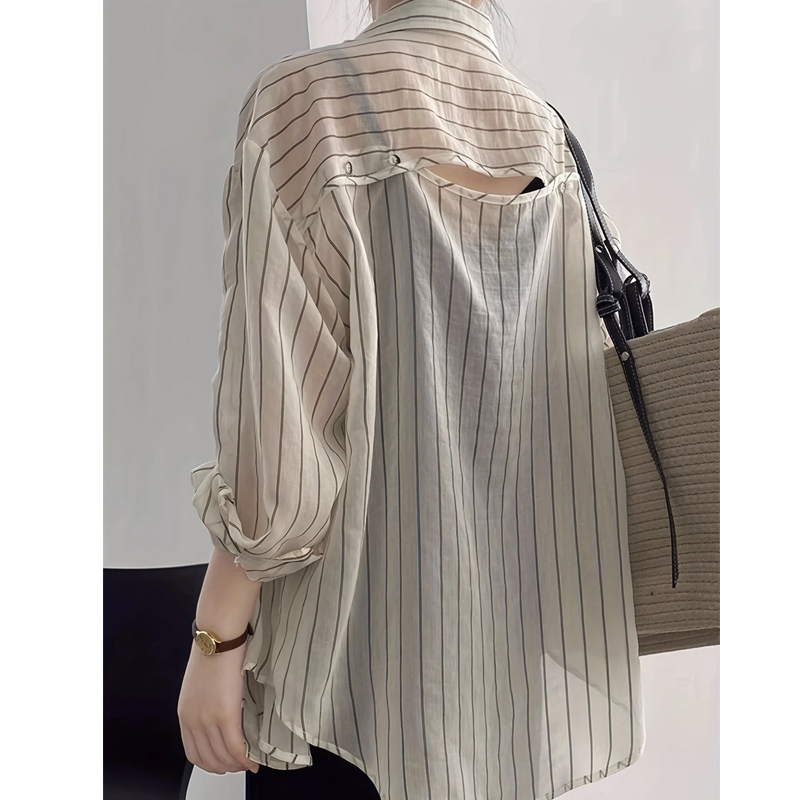 Striped Hollow-Out Sun Protection Shirt Jacket for Women, Summer Thin Long-Sleeve Top, Outerwear Shirt with a Unique Design, Versatile Striped Hollow-Out Sun Protection Shirt Jacket for Women, Summer Thin Long-Sleeve Top, Outerwear Shirt with a Unique Design, Versatile