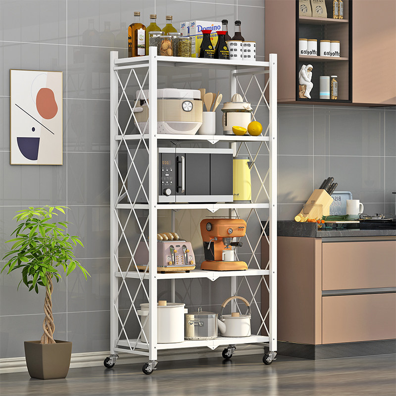 Installation of kitchen folding shelves landing multi-layer household storage frame pan oven microwave reception rack