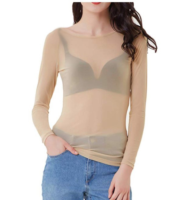 Women's autumn ultra-thin see-through all-match apricot mesh bottoming shirt T-shirt top flesh skin tone tight dance clothes invisible