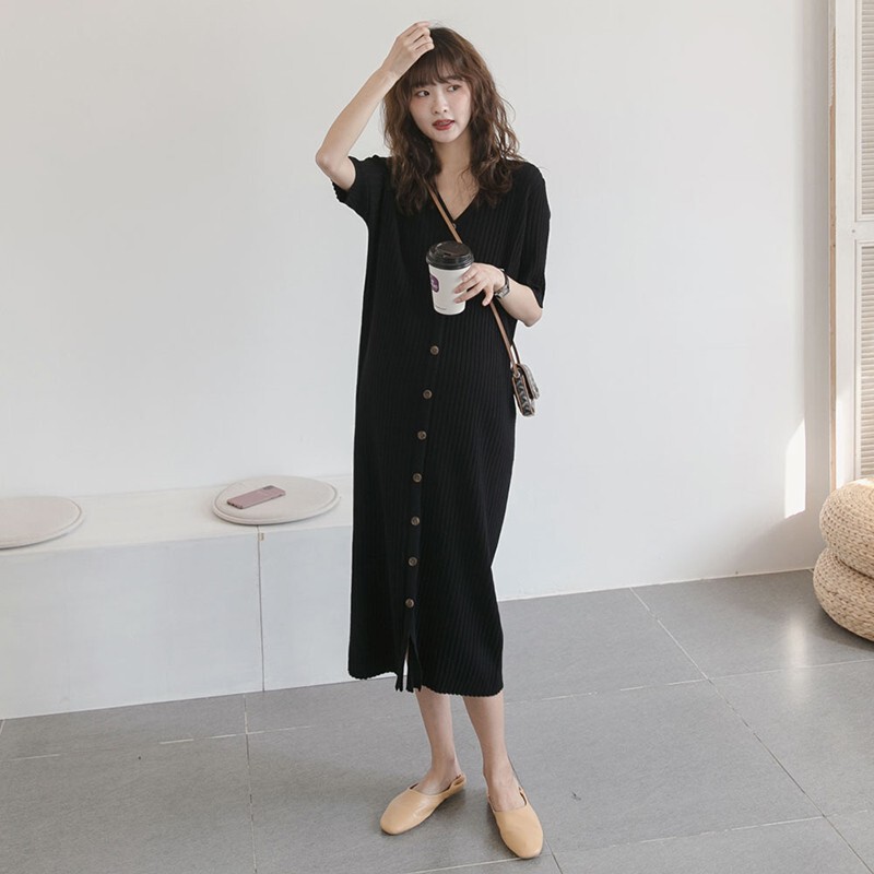 Maternity Summer Dress, Black Slimming Button-Down V-Neck Ice Silk Mid-Length Over-The-Knee Long Skirt, Summer Knitted T-Shirt Dress