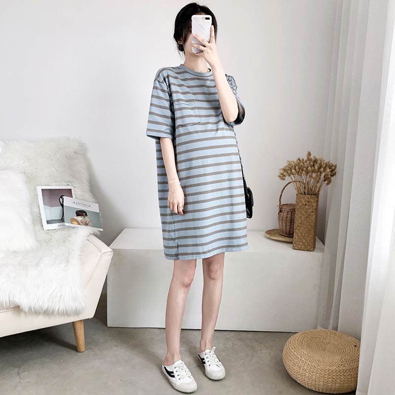 Pregnant woman Summer clothes Han version 2022 medium long version Tide Mother Out Loose Pure Cotton Summer Skirt Striped T-shirt Foreign Dress