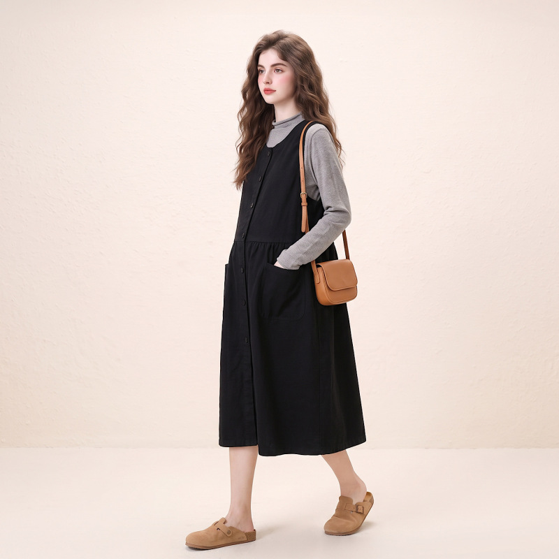 Maternity Wear Black Tank Top Dress for Autumn, Layered Black Over-The-Knee A-Line Loose Slimming Mid-Length Suspender Dress
