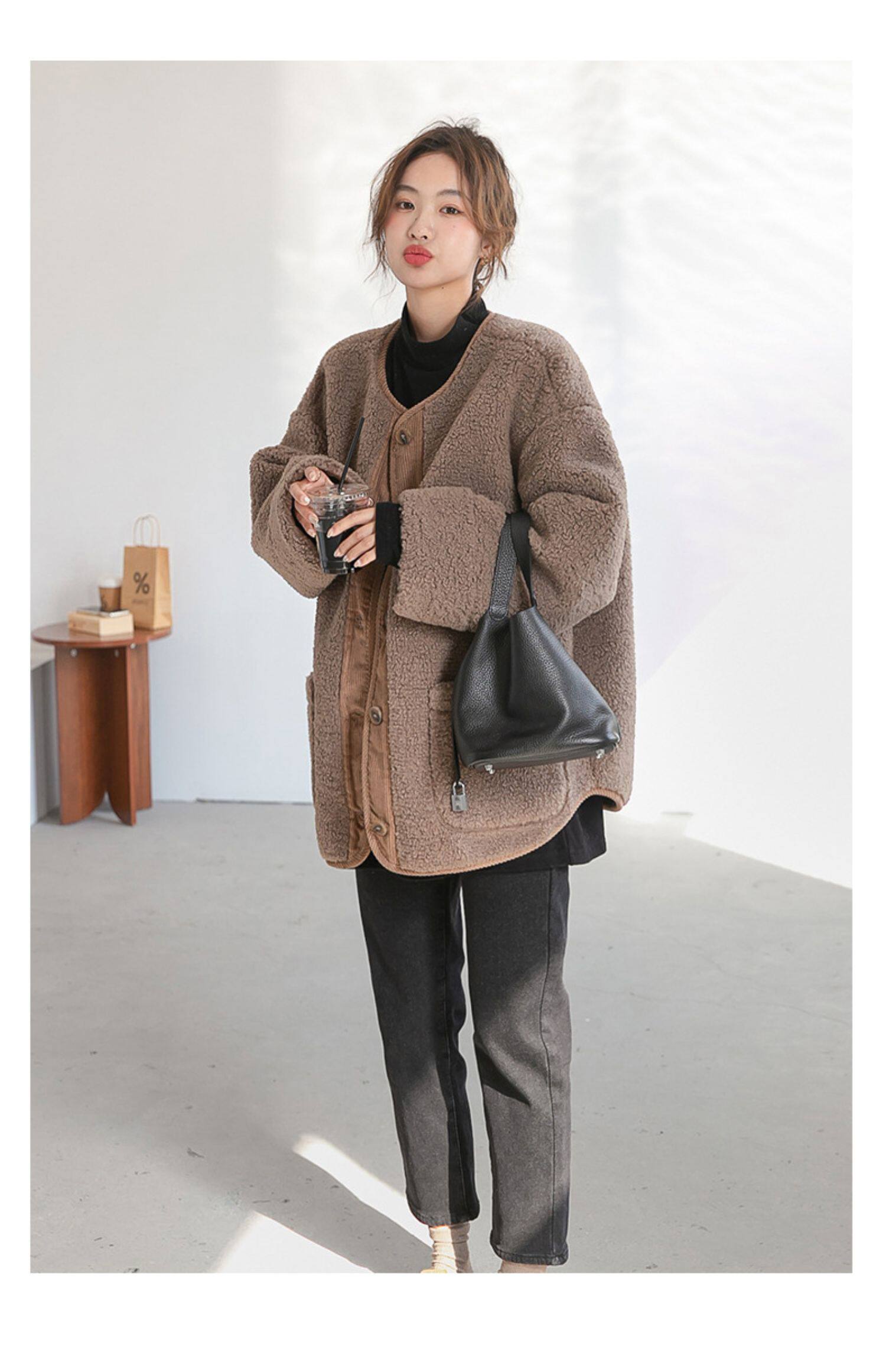 Пальто для беременных 孕妇装秋冬新款宽松大码遮肚显瘦无领羊羔毛保暖外套