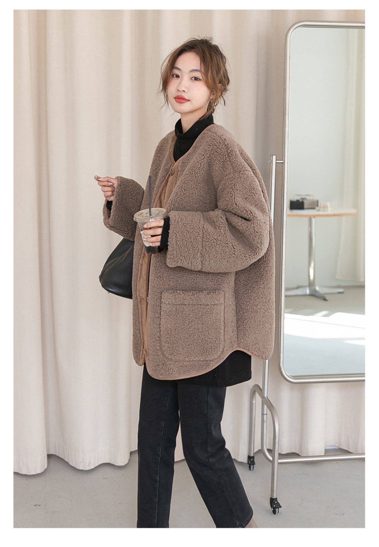 Пальто для беременных 孕妇装秋冬新款宽松大码遮肚显瘦无领羊羔毛保暖外套