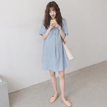 Pregnant woman summer dress Han version loose shirt pure cotton blouse can be laced in breast milk clothes with long-style shirt a character one-piece dress