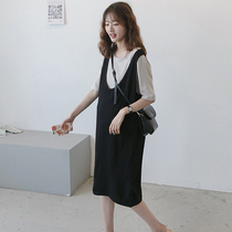 Pregnant Woman Summer Clothing Fashion style Han version Loose Summer Medium Long Dress Ice Silk Knit Fake Two Pieces Black Tandem Dress