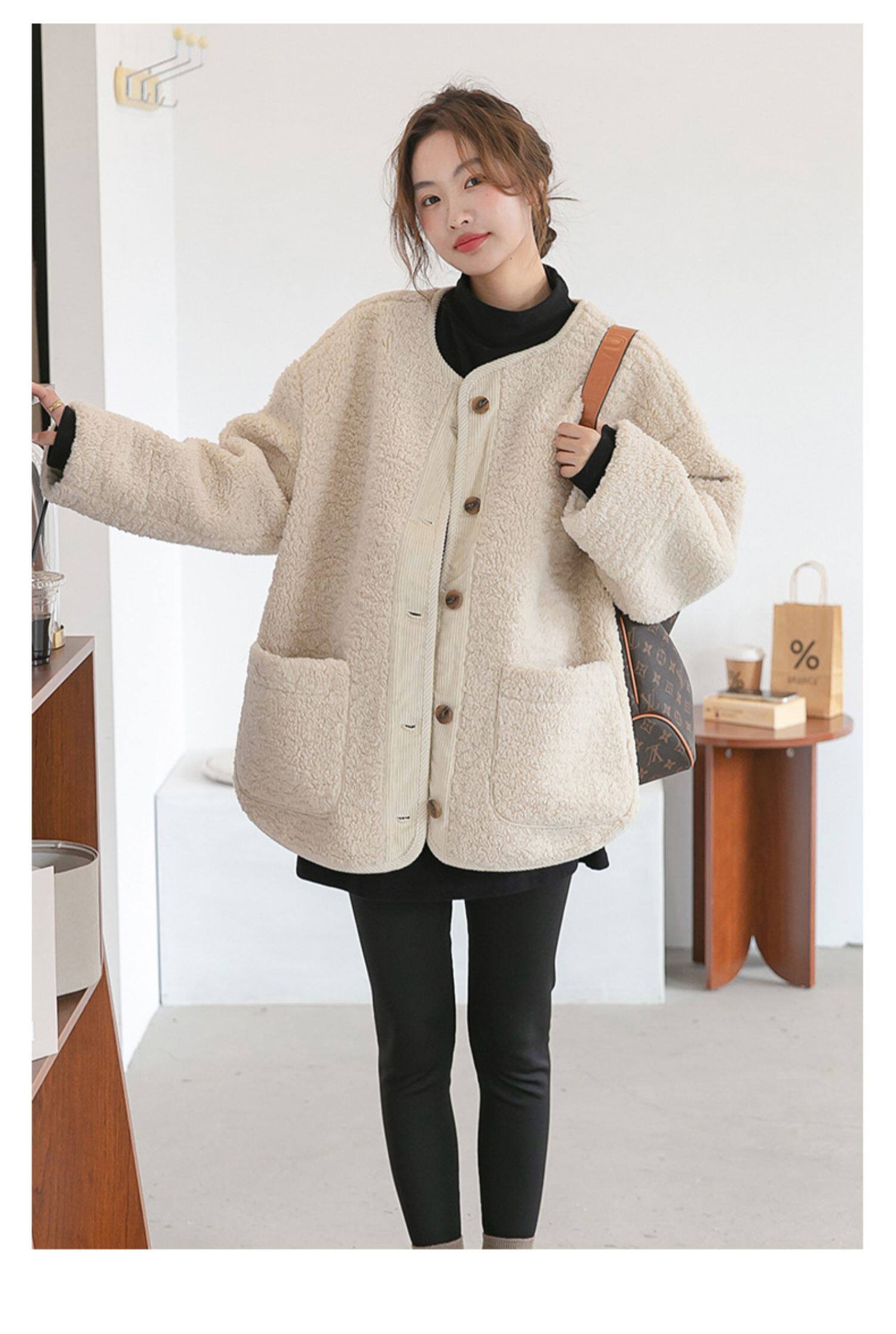 Пальто для беременных 孕妇装秋冬新款宽松大码遮肚显瘦无领羊羔毛保暖外套