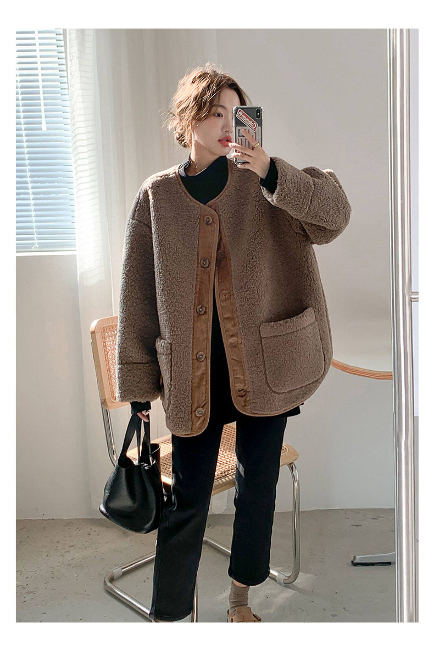 Пальто для беременных 孕妇装秋冬新款宽松大码遮肚显瘦无领羊羔毛保暖外套