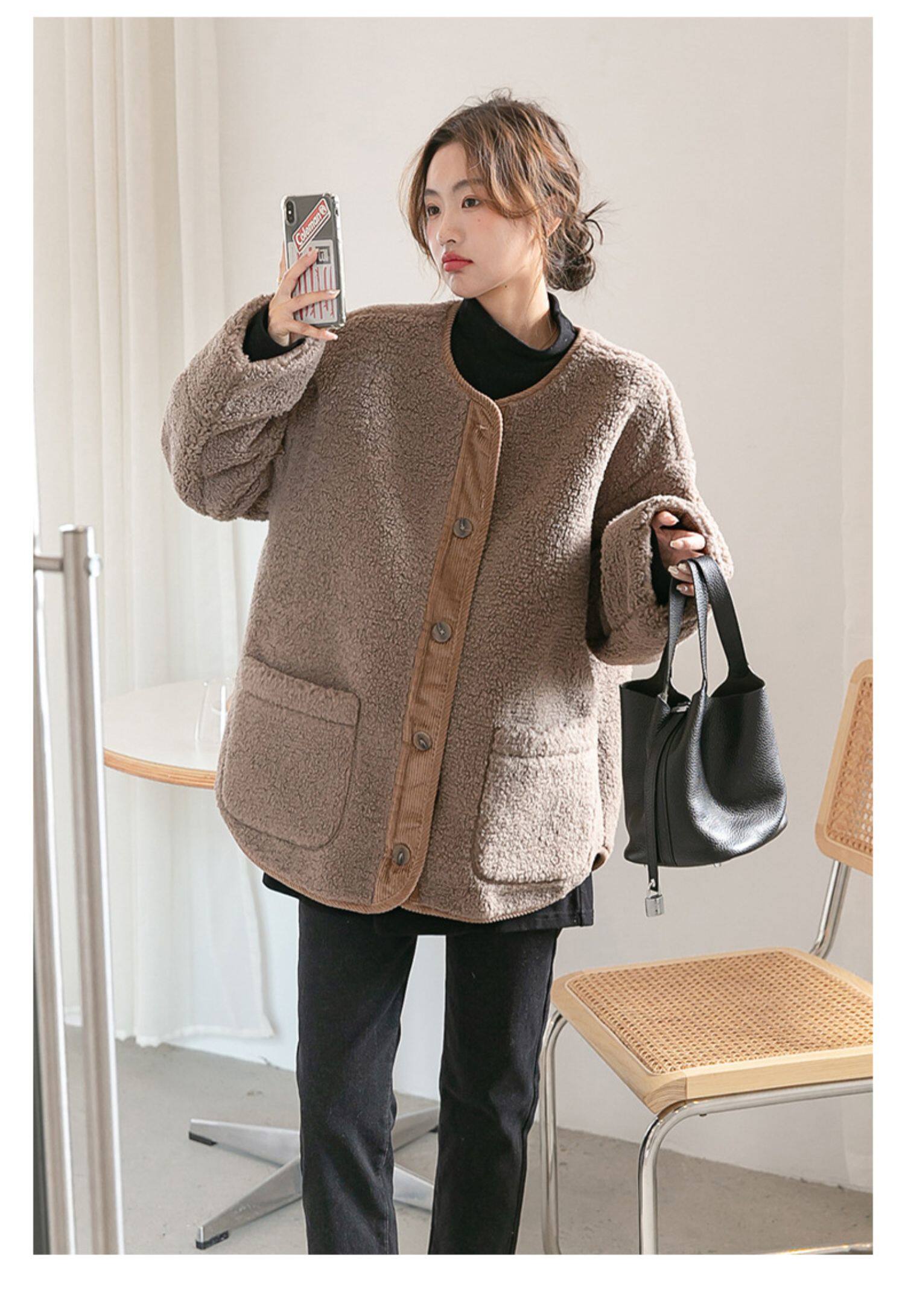 Пальто для беременных 孕妇装秋冬新款宽松大码遮肚显瘦无领羊羔毛保暖外套