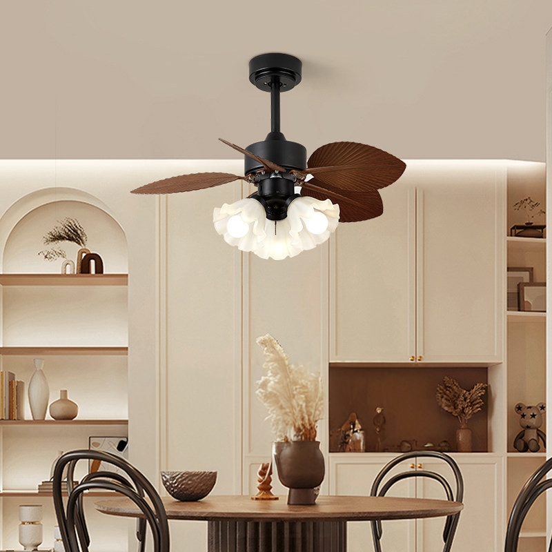 Nanyang Style Fan Lamp for Living Room and Dining Room, Integrated Chandelier with Retro Palm Leaf Petals and Glass, Featuring a Fan