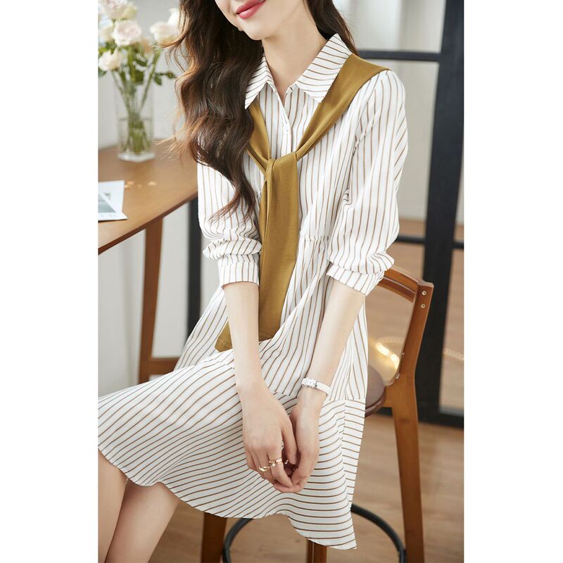 European Style 2026 Spring and Autumn New Striped Shawl Simple Casual Loose Slimming Shirt Versatile Dress