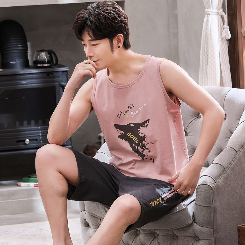 Sleepwear male summer pure cotton vest shorts sleeveless full cotton Home Clothing Thin size Large size for summer Leisure sport suit