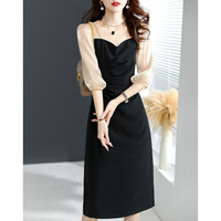 2026 Spring and Autumn New Light Luxury Goddess Style Slim Fit Chiffon Skirt Black Apricot Splicing Three-quarter Sleeve Dress