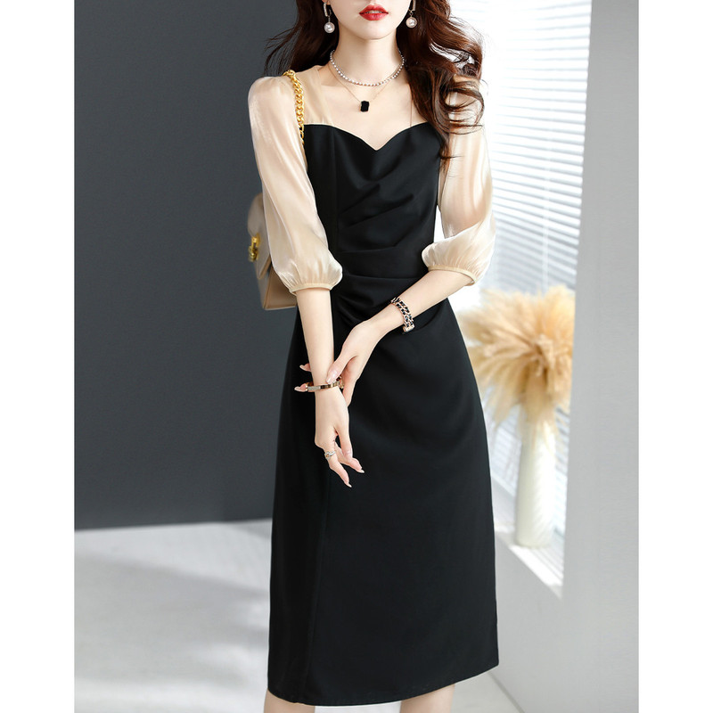 2026 Spring and Autumn New Style Light Luxury Goddess Style Slim Fit Chiffon Dress Black and Apricot Patchwork Three-Quarter Sleeve Dress