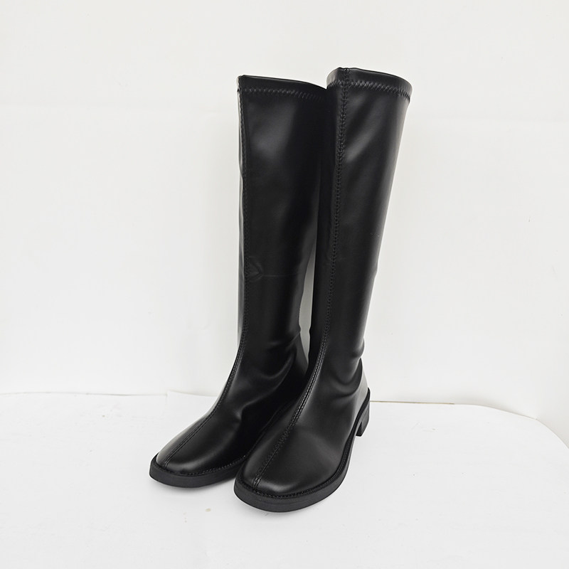 Furilian Cosplay Shoes, Black Knee-High Elastic Round-Toe Boots, Large Size