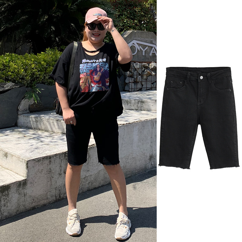 Thin large size black jeans shorts Fat mm tight thin five-point cycling pants Medium pants half pants Women's summer pants