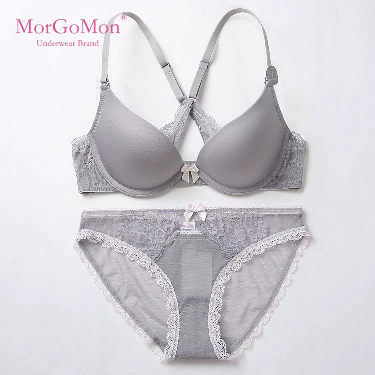 MORGOMON đồ lót phụ nữ sexy sâu V thời trang bóng lưỡng dụng hai dây đeo chéo vai vẻ đẹp trở lại mỏng bộ áo ngực cúp - Bộ đồ lót