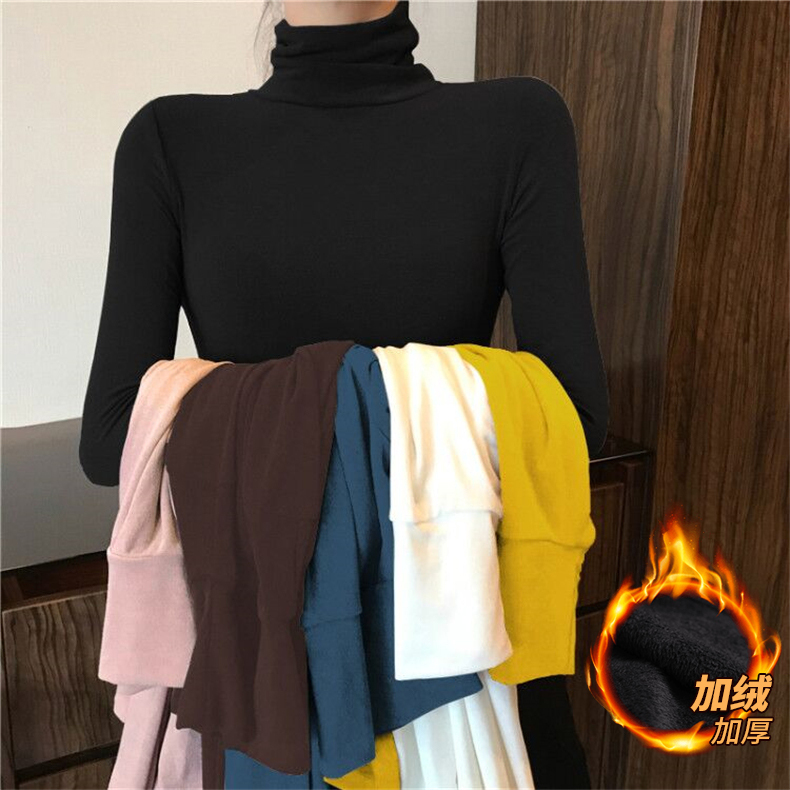2023 Autumn and Winter Versatile Fleece-Lined Thickened Base Shirt for Women, Autumn and Winter High-Neck Black Long-Sleeve Loose T-Shirt Top