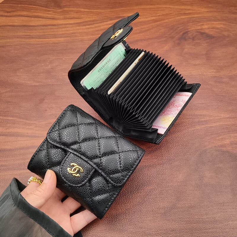 Diamond-Patterned Caviar Card Holder for Women, 2025 New Model, Genuine Leather, High-End Feel, Silver Card and Document Storage Bag, Compact and Fragrant
