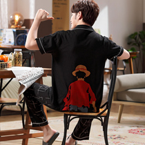 Mens pajamas summer cotton short-sleeved trousers Spring and Autumn thin section plus size cartoon teen home wear set