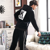 Mens pajamas autumn and winter coral velvet plus velvet thick winter large size cartoon flannel home clothes winter suit