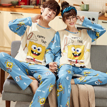 Spring and autumn lovers pajamas womens pure cotton long-sleeved Korean version of cute thin section autumn and winter mens cotton home wear suit