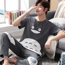 Mens pajamas summer cotton short-sleeved trousers spring and Autumn thin cartoon teen home wear suit plus size
