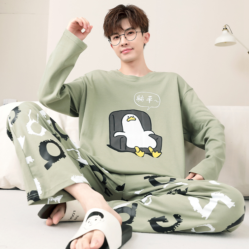 Men's Pajamas Long-Sleeved Pure Cotton Spring and Autum Style Cartoon Teenagers Plus Size Cotton Men's Home Wear Set
