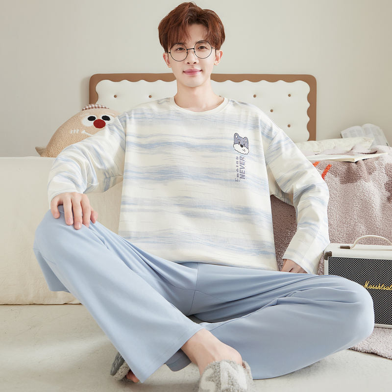 Pure Cotton Pajamas Men's Long-Sleeved Spring and Autum Thin Style Youth Plus Size Cartoon Student Men's Home Wear Set