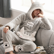 Autumn and winter coral velvet pajamas men thickened velvet cartoon teen flannel home suit set plus size