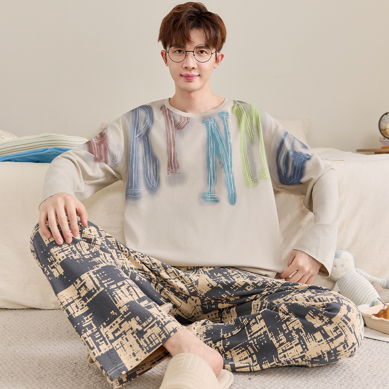 Pure Cotton Men's Pajamas, Spring and Autumn Long-Sleeved, Teenagers Can Wear Outside, Spring and Autumn Style, Plus Size Men's Home Wear Set Pure Cotton Men's Pajamas, Spring and Autumn Long-Sleeved, Teenagers Can Wear Outside, Spring and Autumn Style, Plus Size Men's Home Wear Set
